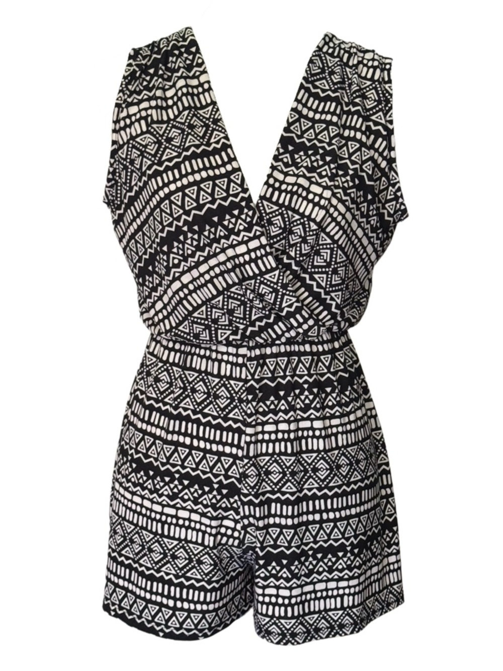 Jon & Anna Tribal Print Sleeveless V-Neck Wrap Romper in Black/White
